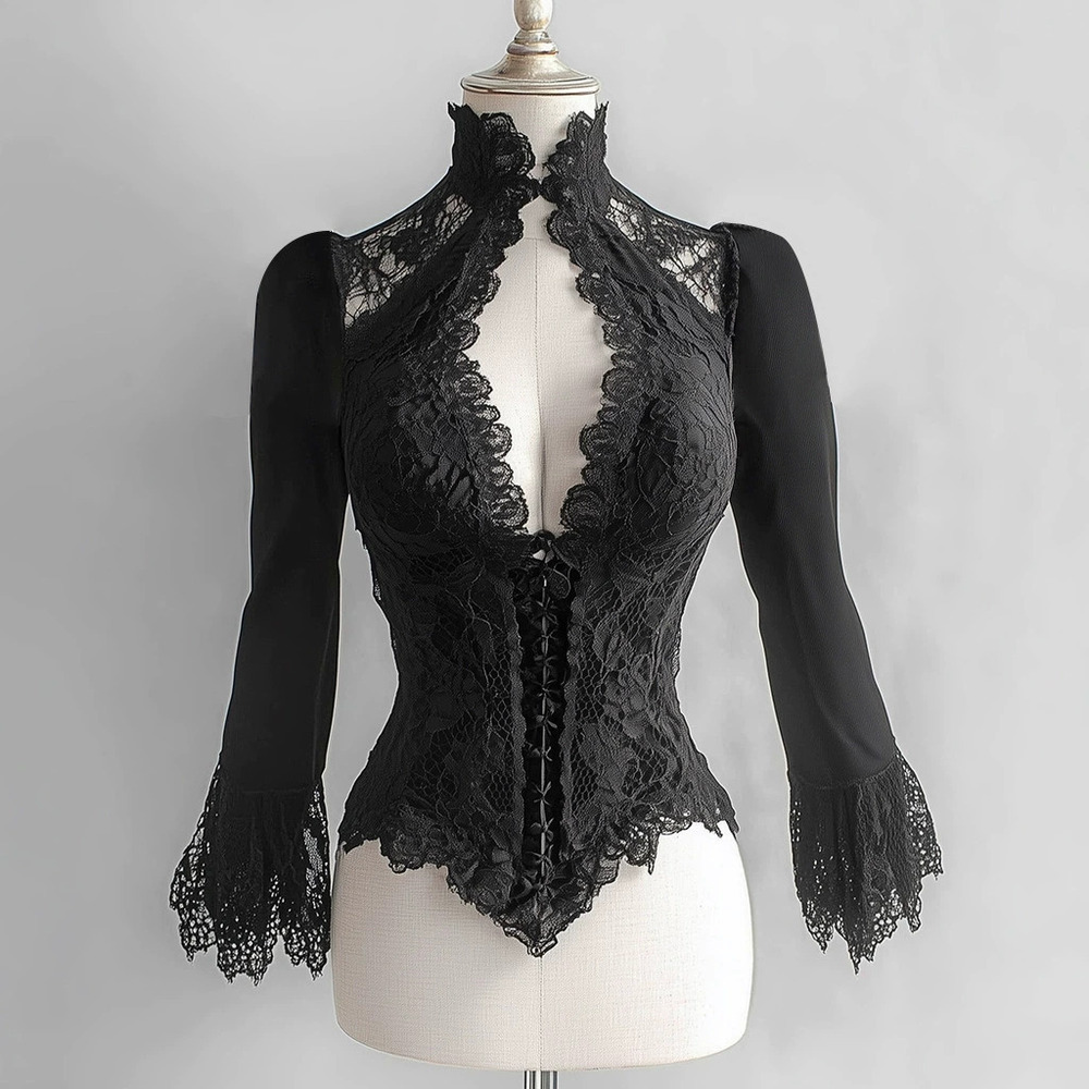 ZARA Elegant Black Lace Round Neck Blouse Fashion Mature Slim Fit Womens Top